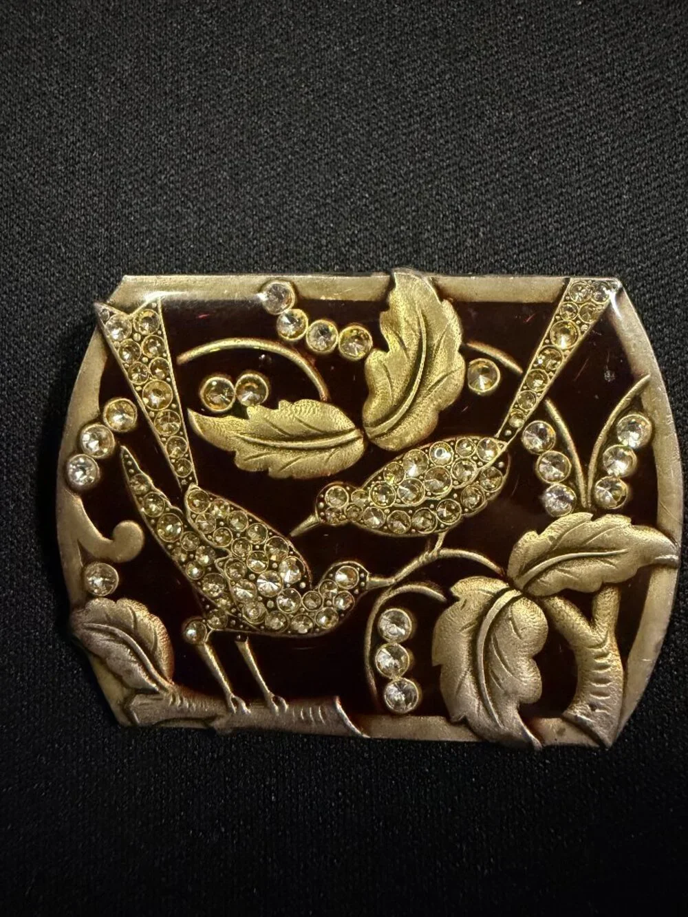 Vintage Rhinestone Bird Brooch Gold Tone Red Enamel Figural Pin